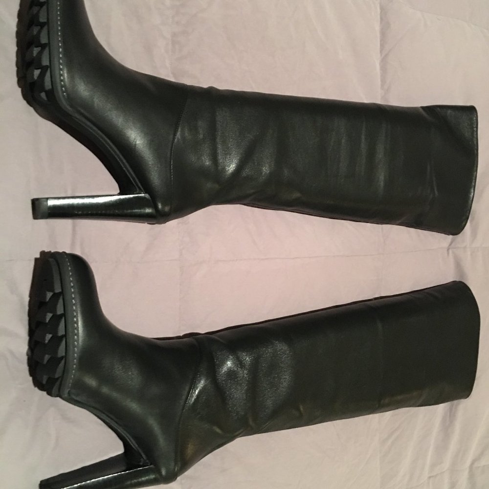 Stuart Weitzman Polished Black Leather OTK Platform Boots:  Size 7M